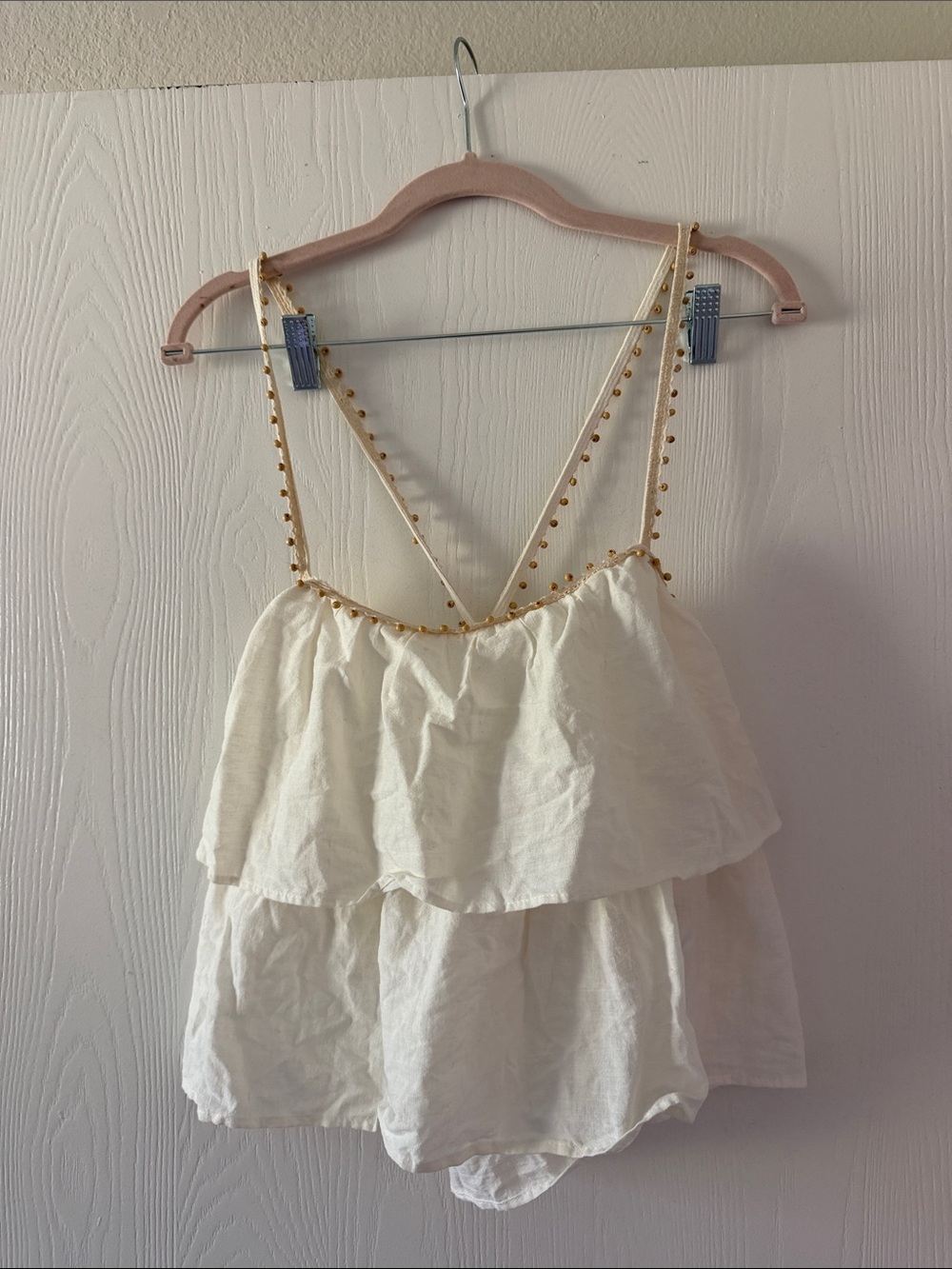 Zara Cream Tiered Spaghetti Strap Camisole with Gold Beaded Trim